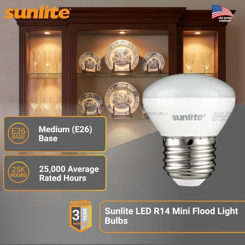 Miniatura 2 de Sunlite Mini bombillas LED R14, 4 vatios (equivalente a 25 W), 250 lúmenes, base mediana (E26), regulable, certificación ETL, blanco cálido de 3000