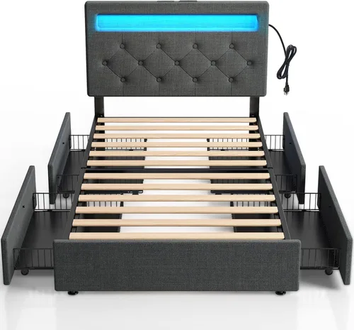 Miniatura 19 de Rolanstar Base de cama individual con estación de carga, cama LED con almacenamiento debajo de la cama, cabecera ajustable de 38.9/40.8 pulgadas,