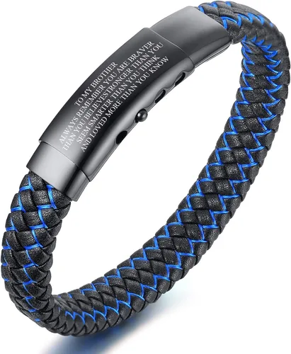 VNOX - Brazalete ajustable de cuero trenzado azul hecho a mano con mantra inspirador para hombre, pulsera de estímulo, regalo motivacional para