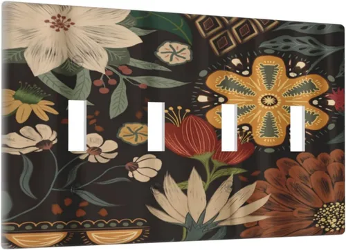 Miniatura 2 de Cubiertas de Interruptor de Luz Artísticas de Cuádruple Palanca con Hojas Tropicales Florales Boho, Flores Bohemias Decorativas Botánicas, Placas