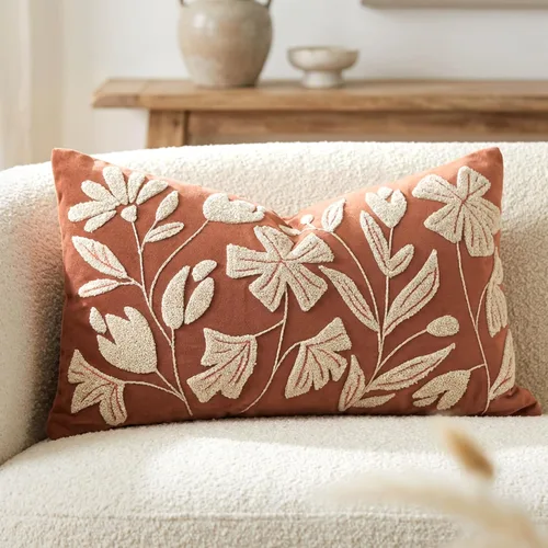 BlissBlush Funda de Almohada para Otoño 12x20, Funda de Almohada Lumbar Decorativa de Terciopelo Suave en Color Ladrillo Rojo Óxido con Flores,