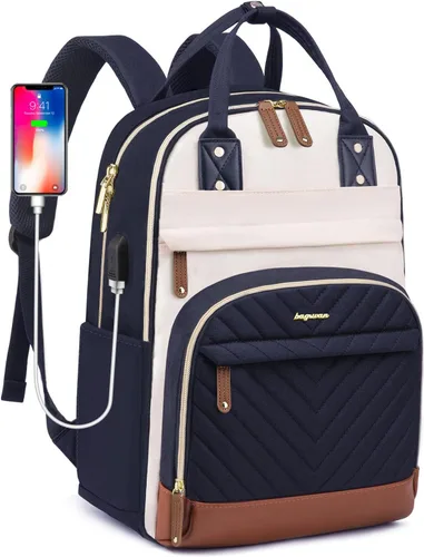 Miniatura 32 de Mochila para laptop para mujer, mochila de viaje de trabajo de 15.6 pulgadas con cargador USB, mochila universitaria impermeable, mochila