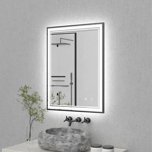 Espejo de baño LED de 30 x 22 pulgadas con luces LED enmarcadas, espejo de baño retroiluminado y frontal iluminado, marco de aluminio cuadrado
