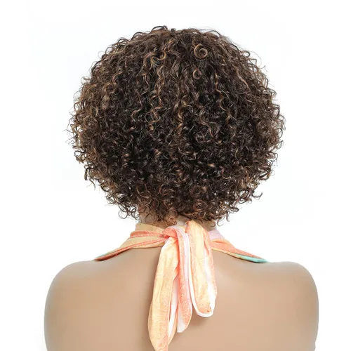 Miniatura 4 de Peluca de cabello humano rizado estilo Bob para mujeres negras, 150% de densidad, mezcla de castaño caoba, peluca corta sin pegamento por