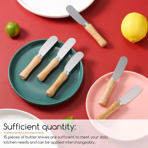 Miniatura 3 de Patelai 15 cuchillos esparcidores de mantequilla a granel de 4.5 pulgadas de ancho de acero inoxidable con mango de madera, cuchillos multiusos