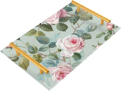 Bandeja decorativa de rosas vintage azules y rosadas con asas, bandejas de plástico para servir joyas, perfumes para restaurante, bandeja para café,