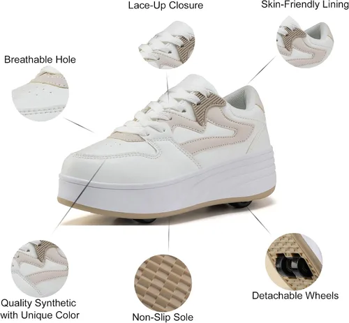 Miniatura 3 de Zapatillas de patinaje con ruedas desmontables para niños y niñas, calzado deportivo blanco/caqui