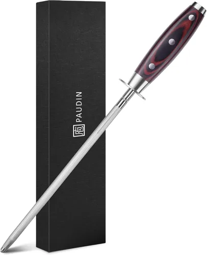 PAUDIN Varilla afiladora de cuchillos de 10 pulgadas, afilador de cuchillos de cocina profesional, acero de alto carbono con mango ergonómico de