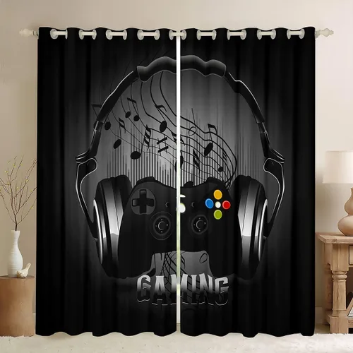 Feelyou Cortinas de videojuegos negro y gris para niños, dormitorio, música, audífonos, notas, cortinas de ventana, para niños, adolescentes,