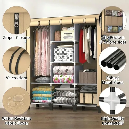 Miniatura 2 de Armario portátil con 10 estantes de almacenamiento y 2 postes para colgar, 18 bolsillos laterales no tejidos, tamaño 51.2 x 17.7 x 67.7 in, Beige