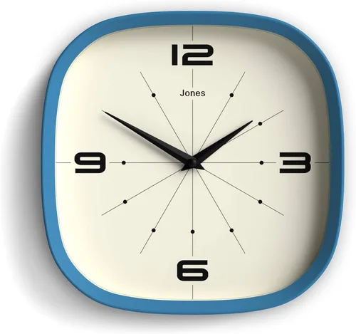 JONES CLOCKS® Pulsar - Reloj de pared | Reloj retro cuadrado redondeado | 10 pulgadas | Azul | Aspecto de diseñador genial para cocina, sala de