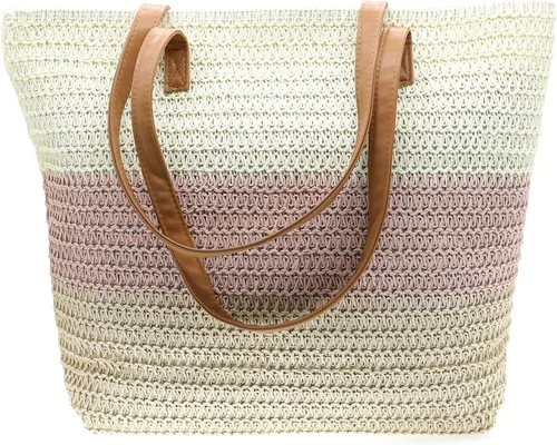 Miniatura 7 de Bolso grande de paja para mujer, tejido de ratán, bolso de playa de verano, a rayas