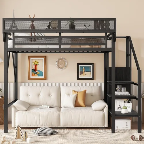 Miniatura 4 de Cama alta convertible de tamaño individual con escaleras de almacenamiento, estantes y armario, marco de cama de metal con barandilla de seguridad