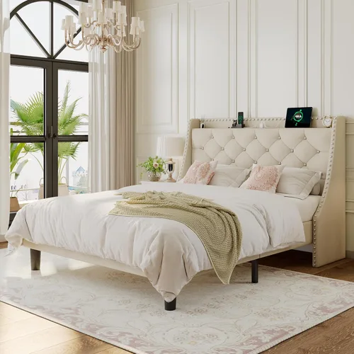 Miniatura 7 de Einhomn Base de cama de tamaño matrimonial con cabecera de almacenamiento copetuda con botones en la parte trasera y puertos tipo CA, plataforma