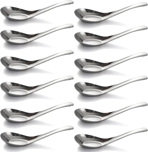 Miniatura 9 de Cucharas de sopa de acero inoxidable, juego de 12 cucharas de sopa china, cuchara de caldo plateada, pulido con espejo