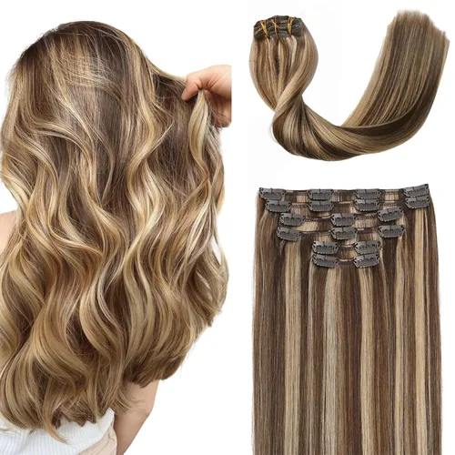 Miniatura 15 de Sindra Extensiones de cabello humano con clip, balayage 3/8/22 de color marrón oscuro a marrón ceniza y rubio dorado, extensiones de cabello humano