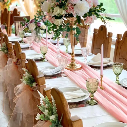 Miniatura 5 de Paquete de 10 Caminos de Mesa de Gasa Rosa Bebé de 10 Pies para Boda, Camino de Mesa de Tul Romántico Transparente para Navidad, Boda, Novia, Fiesta