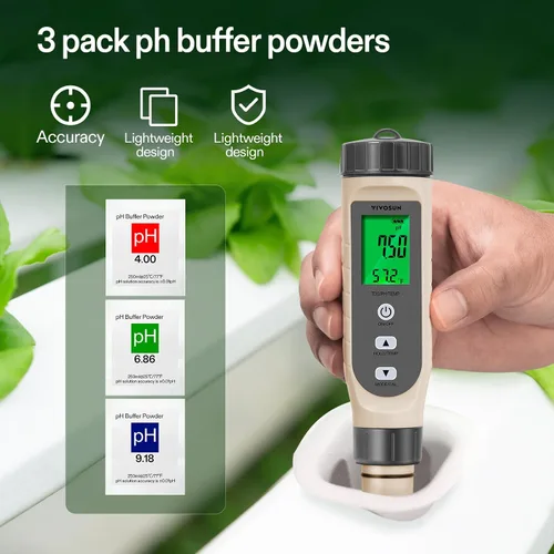 Miniatura 4 de VIVOSUN Medidor de pH digital 5 en 1 con función de PH/salinidad/TDS/EC/temperatura, pantalla de retroiluminación, IP67 impermeable para hidroponía