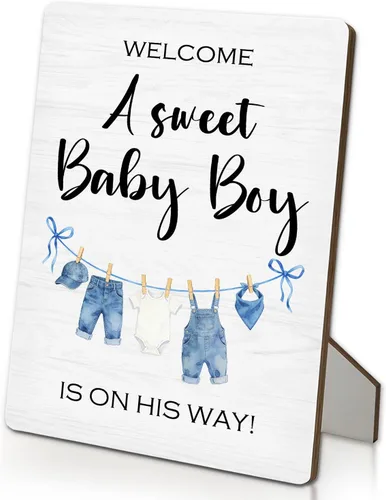 Letrero azul de bienvenida para baby shower, mesa de ducha de niños y bebés, soporte de madera de 5 x 7 pulgadas, decoración de «A Sweet Baby Boy Is