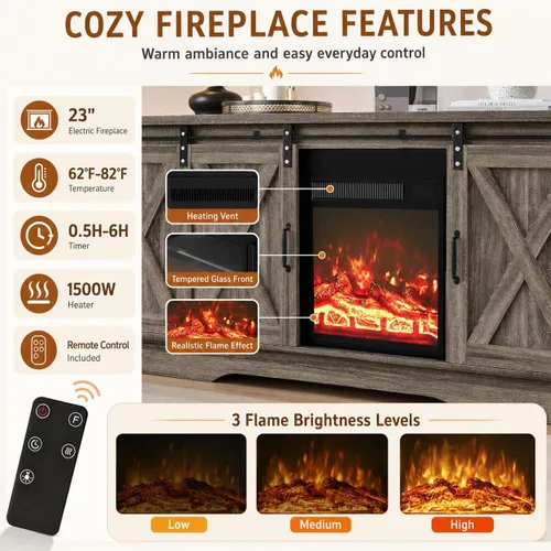 Miniatura 3 de 4 EVER WINNER - Centro de entretenimiento con chimenea para TV de 65 pulgadas, puerta corrediza de granero, soporte de TV de estilo rústico con Gris