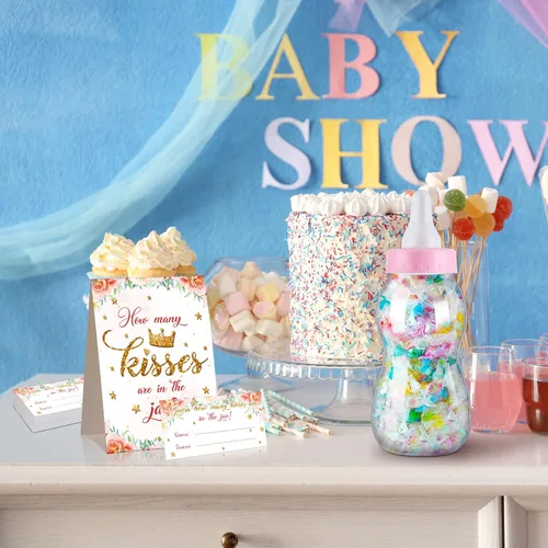 Miniatura 7 de Fuutreo 52 piezas de Baby Shower Game Guess How Many Kisses Favors Incluye un biberón grande de pie con 50 tarjetas pequeñas, decoraciones florales