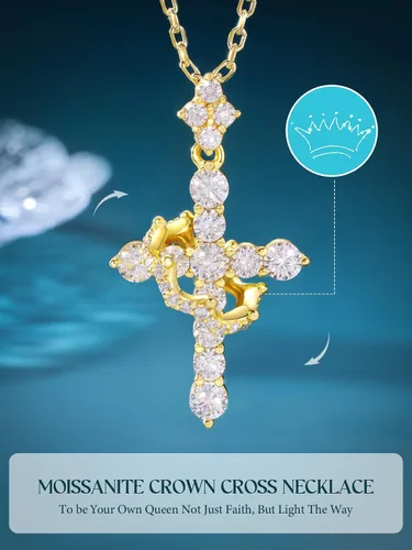 Miniatura 6 de YIMERAIRE Collar de Cruz Corona de Moissanita Mejorado Oro Vermeil de 14K 1.1 Quilates Delicado Helado Joyería de Cruz de Fe Cristiana Plata de Ley