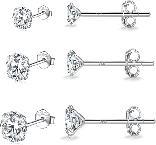 MASOP VOGU 3-5mm Sterling Silver Stud Earrings Set 14K White Gold Plated Hypoallergenic Tiny Round Cut CZ Cubic Zirconia Simulated Diamond Cartilage