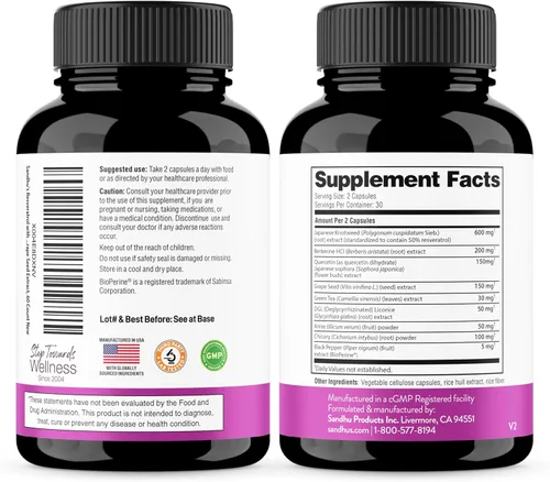 Miniatura 4 de Resveratrol con suplemento de berberina para apoyo a la salud intestinal 60 cápsulas digestivas para mujeres y hombres Con extracto de té verde