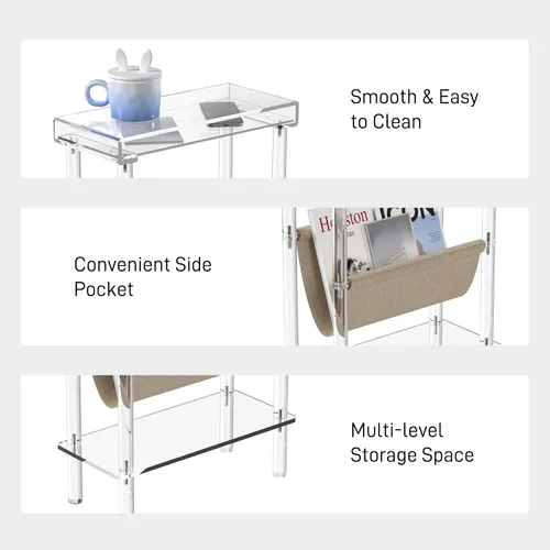 Miniatura 4 de Mesa auxiliar estrecha de acrílico Eglaf para espacios pequeños, mesa auxiliar delgada Skinny Side Table with Magazine Holder, Small Bedside Table
