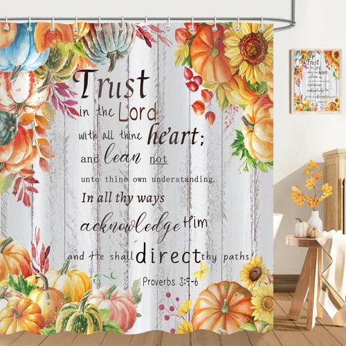 Miniatura 26 de Cortina de ducha de otoño, decoración de baño de árbol de calabaza, 72 x 72 pulgadas, tela de poliéster, cortina de baño impermeable con 12 ganchos