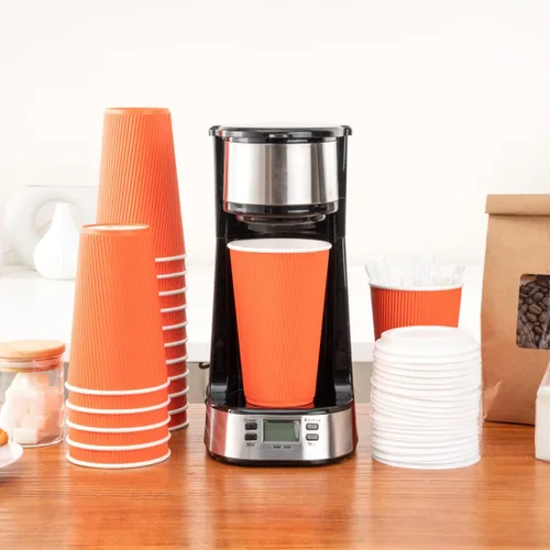 Miniatura 10 de Restaurantware Tazas de café desechables de pared ondulada de 16 onzas, 500 vasos de papel naranja aislados, diseño de borde enrollado, las tapas se