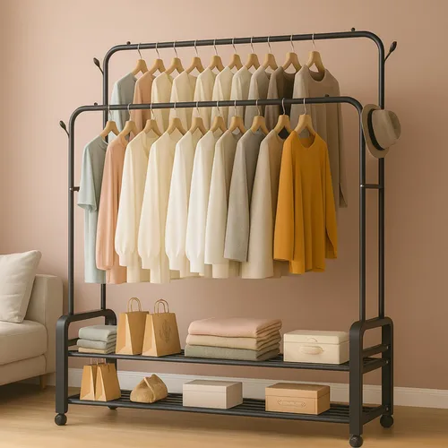 Miniatura 6 de Perchero resistente, perchero y perchero con ruedas, perchero independiente de doble barra para colgar ropa con estante de 2 niveles y organizador