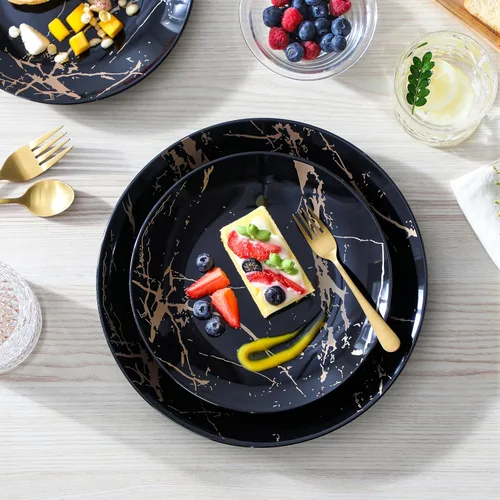 Miniatura 7 de Juegos de platos y tazones LOVECASA para 4, juegos de vajilla de porcelana de 12 piezas, juego de vajilla negro y dorado, juego de vajilla