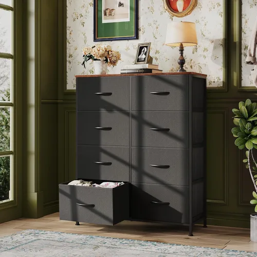Miniatura 4 de WLIVE Cómoda alta de tela con 8 cajones, torre de almacenamiento con cubos de tela, cómodas dobles, cajonera para armario, dormitorio, sala de Negro