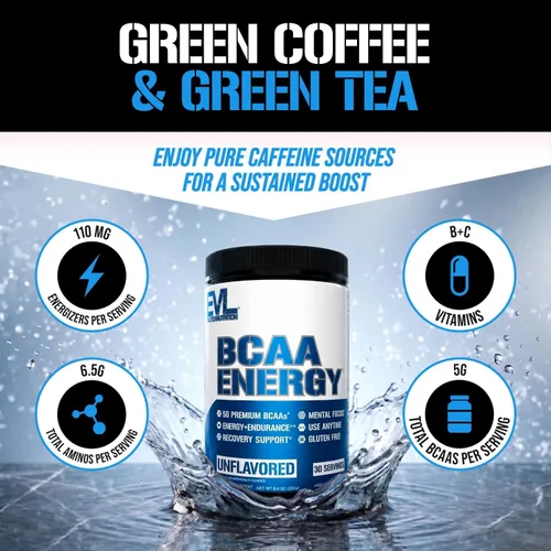 Miniatura 2 de EVL BCAA - Polvo de aminoácidos BCAA rehidratante, bebida de recuperación después del entrenamiento con cafeína natural, BCAA Energy Polvo