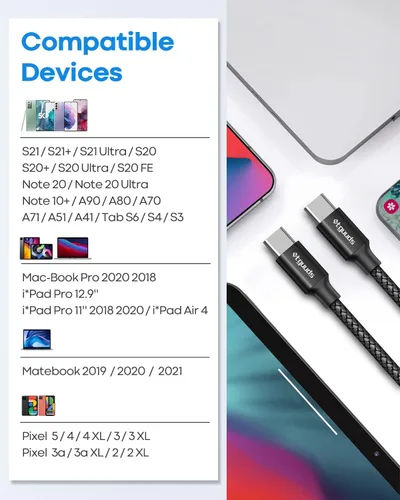 Miniatura 7 de etguuds Cable USB C a USB C de 3 pies, paquete de 2 cables USBC a USBC de 60 W, cable de carga tipo C a C, carga rápida para iPhone 17, 16, 15 Pro