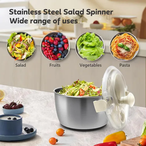 Miniatura 4 de Escurridor de ensalada de acero inoxidable, secadora manual de lechuga con tapa, lavabo, marco de drenaje y base antideslizante, centrifugador