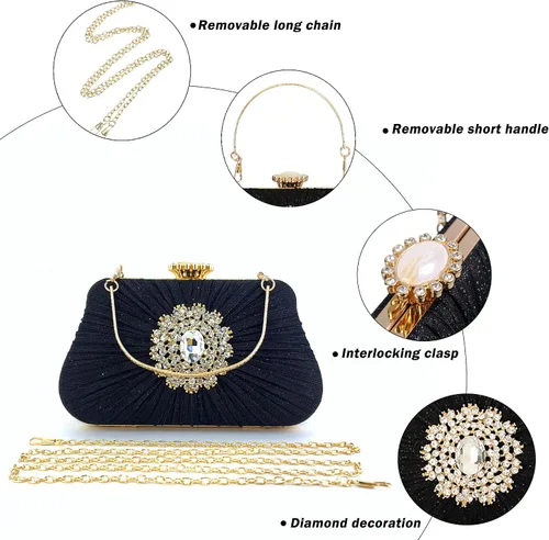 Miniatura 3 de Buric - Bolso de mano con purpurina para mujer, con diamantes plisados, para novia, boda, fiesta, con bolsa de diamantes de imitación