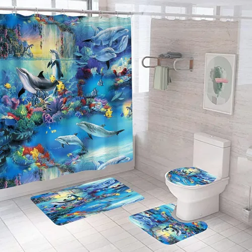 Miniatura 17 de Cortina de ducha de tortuga marina, juego de cortinas de ducha de océano azul, divertidas cortinas de ducha con 12 ganchos, cortinas de tela