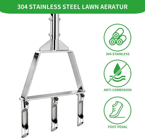 Miniatura 7 de Aireador de césped - Aireador manual con 3 dientes huecos, herramienta de aireación de suelo de acero inoxidable para césped y patio compactado