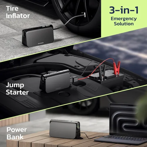 Miniatura 2 de Woowind 3-en-1 Arrancador de batería: Booster de 16000mAh, Banco de energía de 65W, Compresor de aire de 150PSI y Kit de sellado de neumáticos