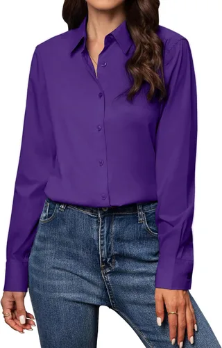Miniatura 36 de Gleeivy Camisas con botones para mujer de ajuste clásico, camisa de vestir, camisa de trabajo, de negocios, casual, de manga larga, blusa, tops A