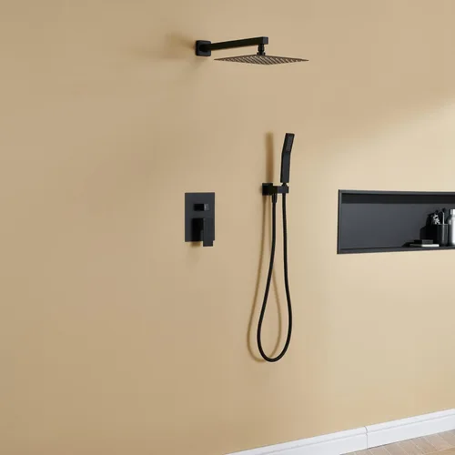 Miniatura 7 de Sistema de ducha de 10 pulgadas, juego combinado de ducha de lluvia, grifo de montaje en pared negro, grifos de baño con cabezal de ducha de lluvia