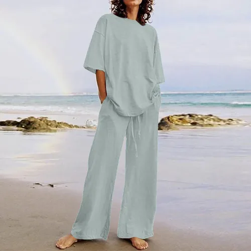 Miniatura 22 de Conjuntos de verano de 2 piezas para mujer, conjuntos elegantes y casuales de color liso, para verano, otoño, cuello redondo, tops y pantalones