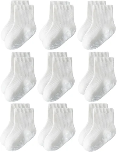 Calcetines antideslizantes para niños pequeños con sujeción, calcetines de algodón sin costuras y lindos para bebés, niños y niñas, 9 pares