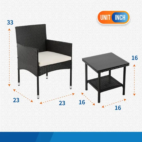 Miniatura 7 de FDW Juego de muebles de patio de 3 piezas Negro Muebles de mimbre para exteriores con mesa de café Juego de sillas de ratán moderno