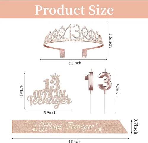 Miniatura 5 de Decoraciones de cumpleaños número 13 para niñas, incluyendo corona/tiara de cumpleaños 13, banda oficial para adolescentes y decoración de pastel