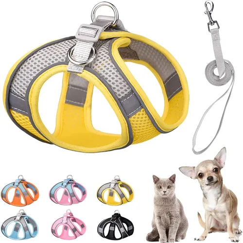 Miniatura 15 de Juego de arnés y correa suave para perros pequeños y pequeños, arnés de malla para cachorros, correa de fácil paseo, chaleco ajustable reflectante