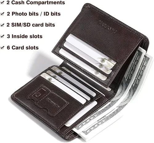 Miniatura 66 de Billetera de piel triple con bloqueo RFID para hombre con 2 ventanas de identificación, 2 compartimentos para efectivo, 6-8 ranuras para tarjetas