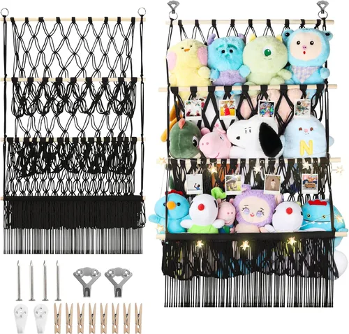 Miniatura 24 de Red de almacenamiento de animales de peluche de 2 niveles, 17 x 32 pulgadas, organizador grande de animales de peluche para pequeños rellenos